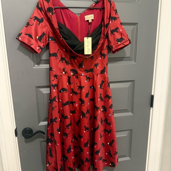 NWT Lindy Bop Red and Black Cat Print Dress - Picture 3 of 7